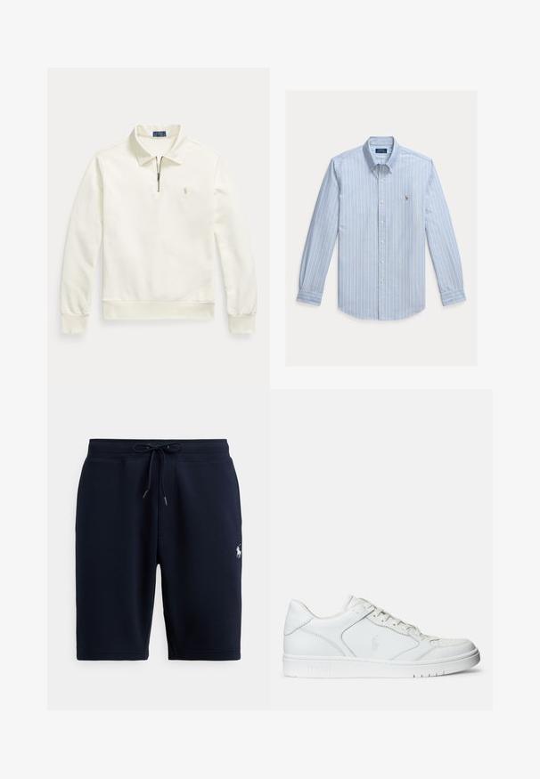 Pull blanc à manches longues avec une fermeture éclair d'un quart, un col et un petit logo brodé sur le côté gauche de la poitrine.; Chemise bleu clair à manches longues avec rayures verticales blanches et petit logo Polo Ralph Lauren brodé sur la poitrine.; Shorts de sport en coton bleu marine avec taille élastique, cordon de serrage et logo sur le côté gauche. Texture lisse, longueur au genou.; Baskets en cuir blanc avec une texture lisse, présentant un bout perforé, un système de laçage et un logo brodé sur le côté. Semelle en caoutchouc blanc.
