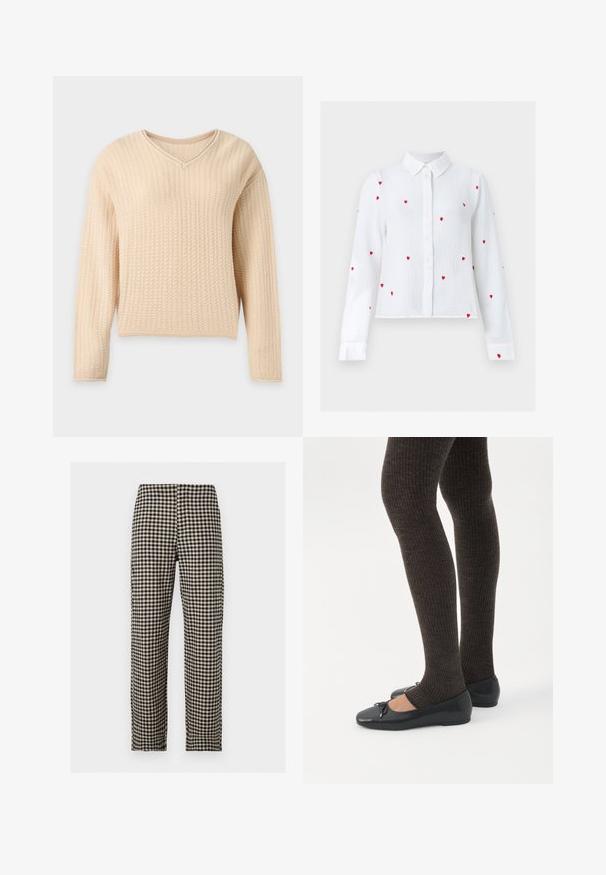 Pull beige à manches longues avec un motif en maille texturée et un col en V, présenté sur un fond clair uni.; Blouse blanche à manches longues avec boutons, motifs de cœurs rouges brodés et col pointu, présentée sur un fond neutre.; Pantalon droit à carreaux noir et beige avec devant plat et taille mi-haute sur fond blanc uni.; Jambes portant des leggings côtelés foncés associés à des ballerines noires avec de petits détails en nœud sur fond blanc.