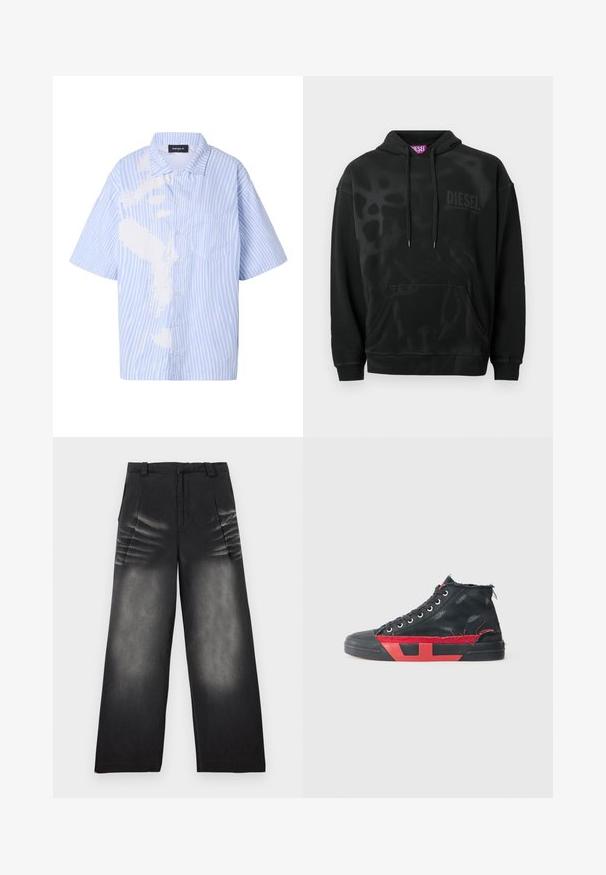 Sweat à capuche noir au design classique, avec une poche avant, une capuche à cordon de serrage, et une impression ton sur ton discrète de "DIESEL." Texture lisse, coupe décontractée.; Chemise à manches courtes boutonnée avec des rayures verticales bleu clair et blanc et une poche poitrine sur le côté gauche.; Pantalon en denim noir à jambes larges avec détails délavés sur les cuisses et plis à l'avant, doté de passants pour ceinture et d'une fermeture éclair à l'avant.; Baskets montantes noires avec des accents rouges et une finition usée. Caractérisées par une tige en toile texturée et une semelle en caoutchouc avec un design découpé.