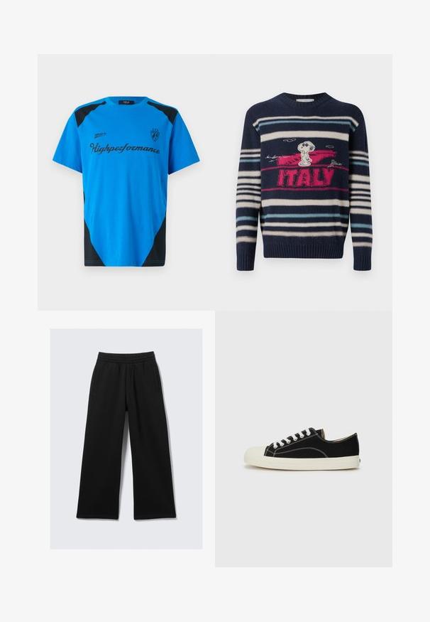 Iceberg MAGLIA GIROCOLLO - Neule - blu classico; Replay SHORT SLEEVE GRAPHIC - Printtipaita - azzurro; Mustat leveälahkeiset housut, joissa on joustava vyötärökaitale, kaksi sivutaskua ja sileä pinta. Suunniteltu mukavuutta ja liikkumisen helppoutta varten.; Mustat kankaiset tennarit, joissa on valkoiset tikkaukset, pyöristetty kuminen kärki ja valkoiset nauhat. Sisältää teksturoitua kangasta ja beigepohjan.