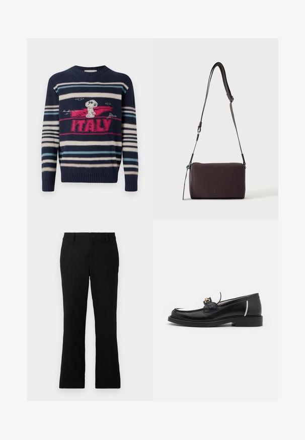 Iceberg MAGLIA GIROCOLLO - Strickpullover - blu classico; Schwarze, weit geschnittene Hosen aus einem Baumwollgemisch, mit einem Knopfverschluss, Gürtelschlaufen und einer glatten Textur ohne sichtbare Muster.; Schwarze Lederloafers mit runder Zehenpartie, weißen Akzenten und goldenen Beschlägen auf dem Vorderblatt. Verfügt über ein strukturiertes Patch und einen gestapelten Absatz.; Dunkelbraune, strukturierte Leder-Crossbody-Tasche mit verstellbarem Riemen und kleinem dekorativen blauen Akzent an der Seite.