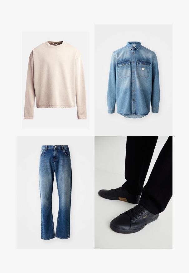 Helles beiges Sweatshirt mit Rundhalsausschnitt, langen Ärmeln und lässiger Passform. Glattes Material mit sichtbaren Nähten entlang des Saums und der Bündchen.; Hellblaues Jeanshemd mit langen Ärmeln, zwei Brusttaschen, durchgehender Knopfleiste und kontrastierenden, dunkleren Taschenoberteilen. verfügt über einen abgerundeten Saum.; Denimjeans mit geradem Schnitt, hellblauer und dunkelblauer Waschung mit Verblassungen, fünf Taschen und einem Knopfverschluss.; Schwarze Sneakers aus Leder mit schlankem Design, ausgestattet mit einer strukturierten Oberfläche, runder Schuhspitze und schwarzen Schnürsenkeln. Goldenes Logo-Detail an der Seite.