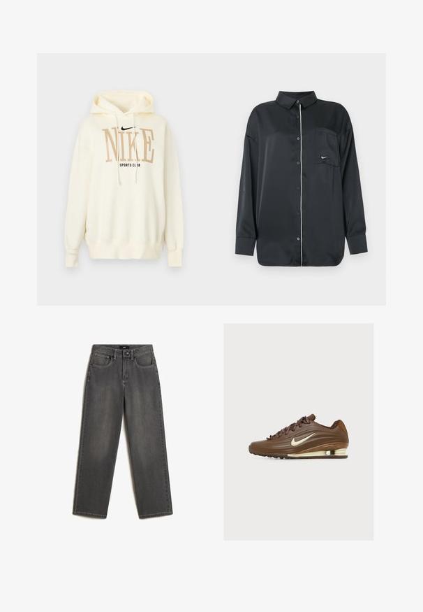 Crèmekleurige Nike hoodie met voorste trekkoorden, grote beige "NIKE" tekst, kleinere zwarte "SPORTS CLUB" tekst en zwart Nike swoosh-logo.; Zwarte lange mouwen overhemd met knopen, voorzien van witte piping langs de knopen en een borstzak met een klein wit Nike-logo.; Grijze wijde jeans van denim. Heeft vijf zakken, een sluiting met een knoop en ritssluiting aan de voorkant, en subtiele vervaging op de stof.; Bruine Nike lage sportschoen met crèmekleurig swoosh-logo en zichtbare luchtkussentjes in de zool, tegen een effen achtergrond.