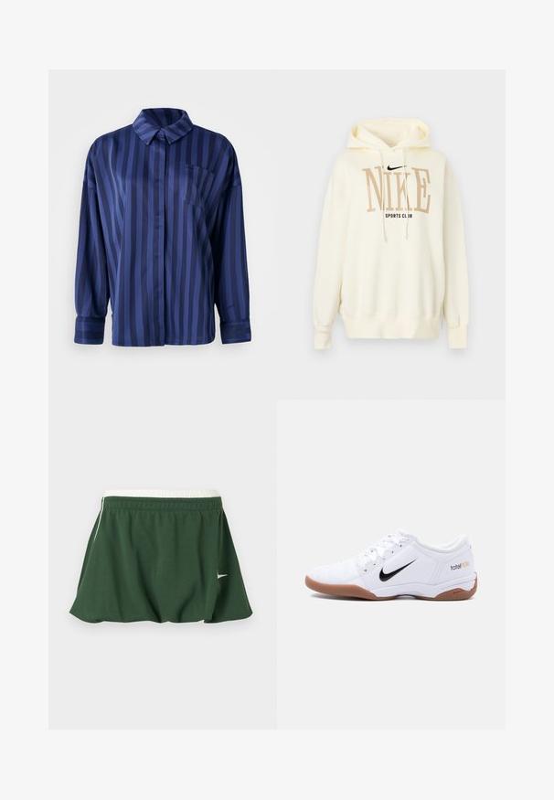 Crèmekleurige Nike hoodie met voorste trekkoorden, grote beige "NIKE" tekst, kleinere zwarte "SPORTS CLUB" tekst en zwart Nike swoosh-logo.; Marineblauw gestreepte shirt met kraag, borstzak en lange mouwen. Gemaakt van een gladde, glanzende stof met een losse pasvorm.; Donkergroene sportrok met witte elastische tailleband en kleine witte Nike-swoosh aan de zijkant, getoond op een witte achtergrond.; Witte Nike Total 90 III zaalvoetbalschoen met zwart swoosh-logo en gumzool, zijaanzicht op een effen achtergrond.