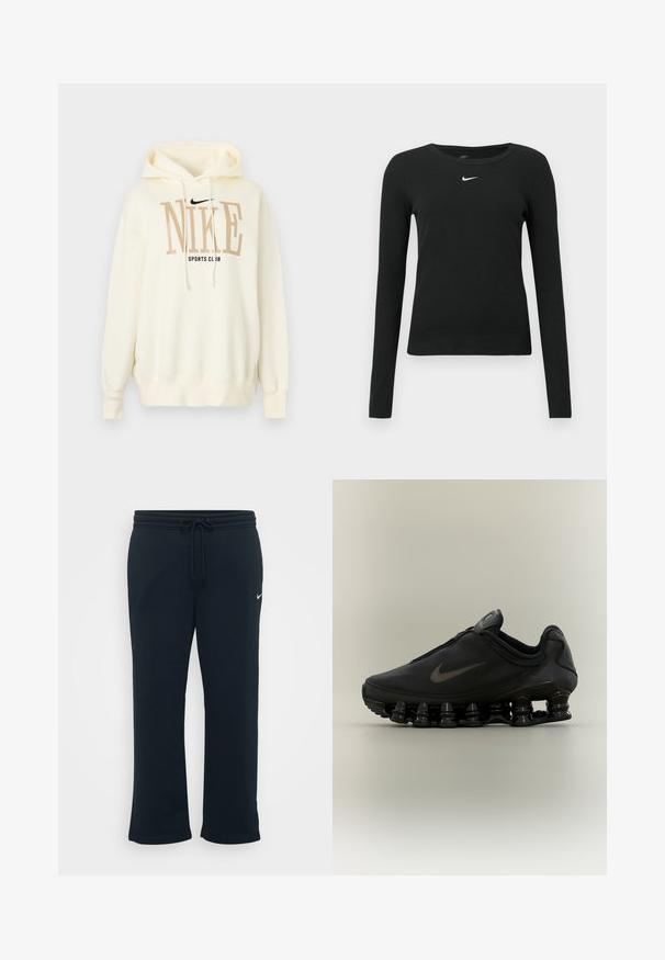 Sweat à capuche Nike couleur crème avec cordons à l'avant, grand texte beige "NIKE", texte plus petit noir "SPORTS CLUB" et logo Nike swoosh noir.; Haut noir à manches longues ajusté en tissu côtelé, avec un col rond et un logo Nike blanc discret sur la poitrine.; Un pantalon de survêtement noir avec une taille élastique et un cordon de serrage ajustable. Il présente un petit logo Nike blanc sur le côté gauche. Texture de tissu douce.; Baskets Nike noires avec tige zippée et semelle segmentée distinctive en forme de ressort, présentées de profil sur un fond neutre.