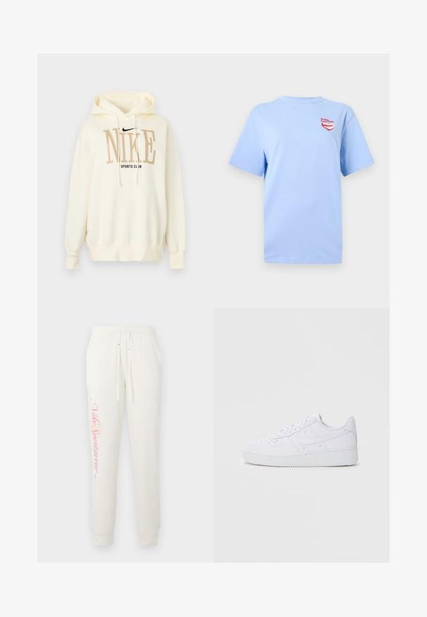 Flødefarvet Nike hættetrøje med snore foran, stor tan "NIKE" tekst, mindre sort "SPORTS CLUB" tekst og sort Nike swoosh logo.; Lyseblå T-shirt med korte ærmer og et lille rødt hjerte samt teksten "Til: Dig Elsker: Nike" på øverste venstre bryst.; Hvide sweatpants med en tætsiddende design, prydet med et pink "Nike Sportswear" logo på det venstre ben og elastisk talje med snore.; Hvide Nike Air Force 1 sneakers med læderoverdel, rund tå, snørelukning, polstret krave og struktureret gummisål.