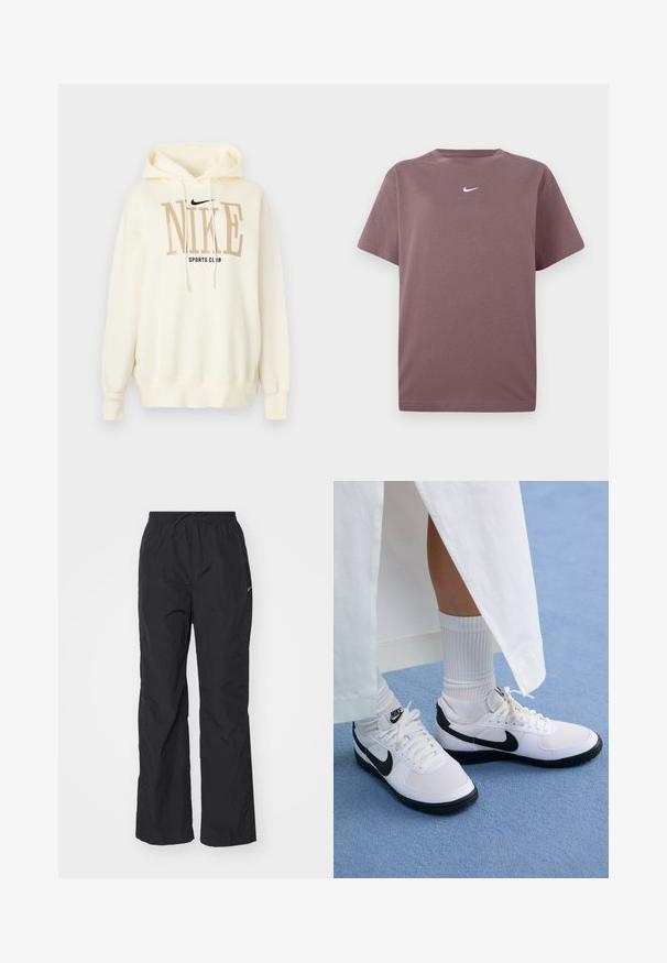 Kermanvärinen Nike-huppari etukiristimillä, iso beigenvärinen "NIKE"-teksti, pienempi musta "SPORTS CLUB"-teksti ja musta Nike swoosh -logo.; Yksinkertainen lilanaisen lyhythihainen t-paita, jossa on pieni valkoinen Nike-merkki keskellä rintaa, esitelty valkoista taustaa vasten.; Mustat, kevyet housut, joissa on joustava vyötärö ja nyöri. Niissä on teksturoitu pinta ja pieni heijastava logo sivussa.; Valkoiset Nike-tossut mustilla yksityiskohdilla, joissa on sileä nahka-yläosa, valkoiset nauhat ja tukevat kumipohjat, yhdistettynä valkoisiin ribattuihin sukkiin.