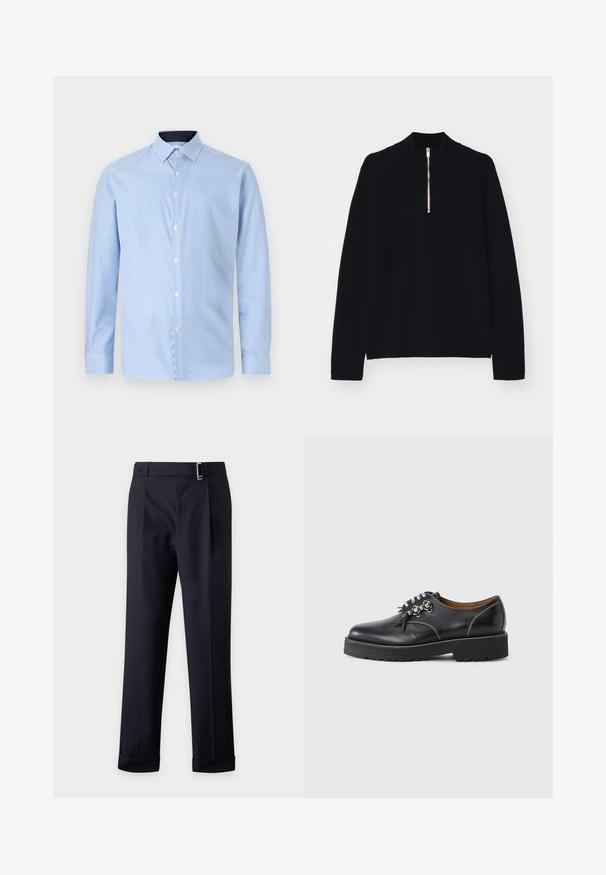 Sort langærmet top lavet af et blødt materiale, med en høj mock-neck og en halv lynlås foran, med en afslappet pasform.; Langærmet skjorte i lyseblå med et lille ternet mønster, hvide knapper og en kontrasterende mørkeblå krave. Blød tekstur.; Mørkeblå skræddersyede bukser med bælte, slank pasform, frontplisser og opbuk ved benene på en lys baggrund.; Sort læder snøresko med kraftig sål og metaløjer, synlige hvide syninger og brun inderforing, set fra ydersiden.