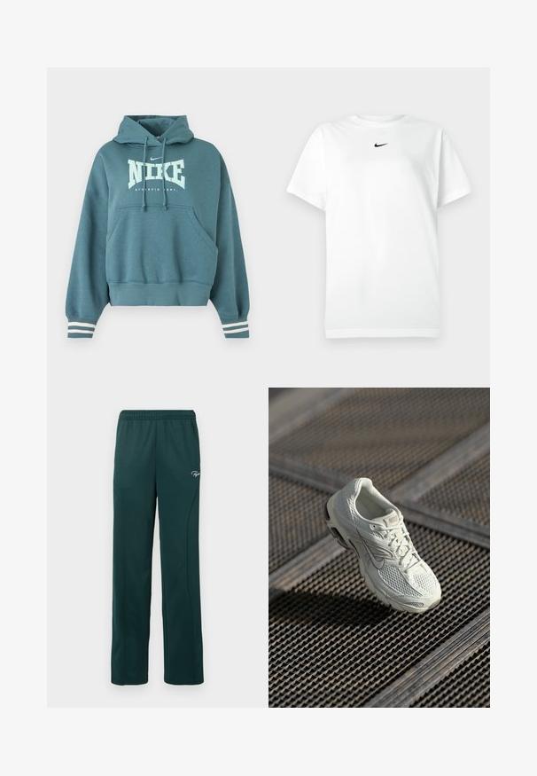 Sinakasroheline Nike dressipluus ees tasku, nööriga kapuuts, valge "NIKE ATHLETIC DEPT." logo ja valged triibulised varrukaotsad.; Valge lühikeste varrukatega T-särk ümmarguse kaelusega, millel on väikene must Nike'i logoga silt kaeluse all.; Tumed roheline dressipüksid, mis on valmistatud pehmest kangast, elastse vöökoha ja külgseemnetega, väikese logoga ees.; Valge Nike jooksutoss, millel on võrgust ja sünteetilisest materjalist ülemine osa, puhates metallvõrgust põrandal pehmes looduslikus valguses.