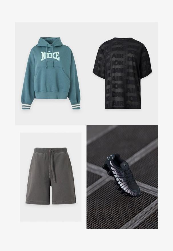 Türkisfarbener Nike Hoodie mit Fronttasche, Kordelzugkapuze, weißem "NIKE ATHLETIC DEPT."-Logo und weißen gestreiften Bündchen an den Ärmeln.; Schwarzes kurzärmeliges Mesh-T-Shirt mit sich wiederholendem „Air Jordan“-Textmuster und kleinem Jordan Jumpman-Logo in der Mitte vorne am Halsausschnitt.; Dunkelgraue Freizeithorts mit elastischem Bund und vorderem Kordelzug, aus weichem, strukturiertem Stoff, dargestellt vor einem einfarbigen hellen Hintergrund.; Schwarzer Sportschuh mit strukturiertem Mesh-Obermaterial, silbernen Akzenten, Fußgewölbeunterstützung und gepolsterter Sohle mit auffälligem segmentiertem Design.