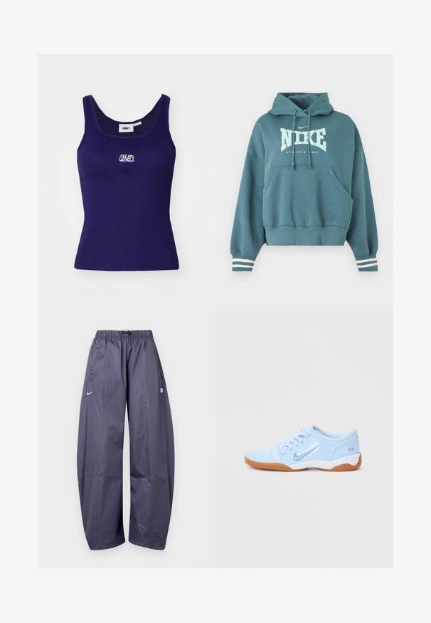 Tyrkysová mikina Nike s predným vreckom, kapucňou so šnúrkou, bielym logom "NIKE ATHLETIC DEPT." a bielymi pruhovanými manžetami na rukávoch.; Námornícky modrý rebrovaný tielko bez rukávov, s malým bielym vyšitým logom na hrudi a okrúhlym výstrihom.; Voľné tmavosivé teplákové nohavice Nike s elastickým pásom, bočnými vreckami a malým ružovým logom na pravom stehne.; Svetlomodrá športová obuv s hladkým syntetickým zvrškom, textúrovanými akcentmi a gumovou podrážkou. Obsahuje logo na boku.