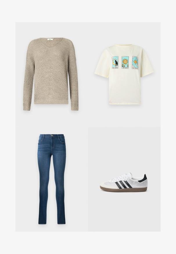 Lyse beige striktrøje med v-hals, lange ærmer og et struktureret mønster med ribkantede ærmer og kant.; Creme t-shirt med tre tarotkortdesigns: en sort kat på en halvmåne, en smilende sol med blomster og en otte-spids stjerne.; Slankjeans i mørkeblå denim med høj talje, klassisk fem-lommer design og subtil falmning. Inkluderet metalknaplukning.; Hvid mesh-sneaker med sorte striber, beige ruskind på tåhætte og hæl, tekstureret gummisål og hvide snørebånd. Klassisk lavtopsdesign.