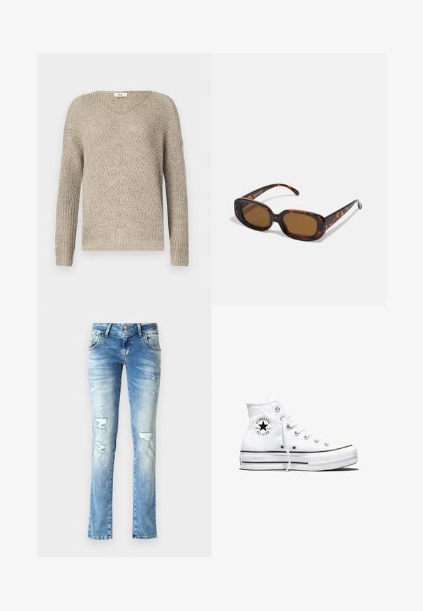 Lyse beige striktrøje med v-hals, lange ærmer og et struktureret mønster med ribkantede ærmer og kant.; Lyseblå denimjeans med afslappet pasform, med slidte detaljer, en knaplukning med to knapper og lige ben.; Hvid højtop Converse Chuck Taylor All Star-sneaker med sort logo-patch og hvide snørebånd, vist på hvid baggrund.; Skildpaddefarvede solbriller med rektangulær form, brune linser, glat plastikskelet og tynde stænger med subtile tonale mønstre.