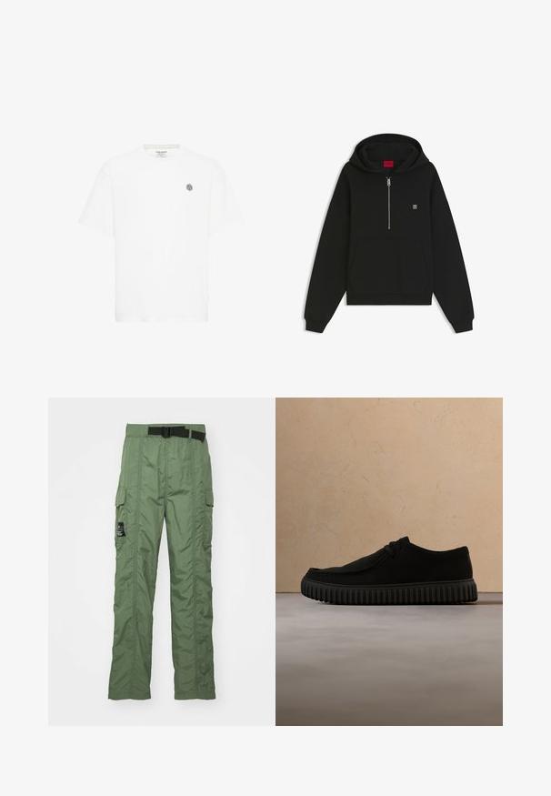 Sort hættetrøje med halvlukning, kængurulomme, ribstrikkede manchetter og kant, lille firkantet logo på brystet og hætte med rød indvendig label.; Hvid kortærmet t-shirt med rund halsudskæring og et lille gråt geometrisk logo på venstre bryst. Lavet af blødt bomuldsmateriale.; Cargo bukser i olivengrøn, lavet af let materiale. Har et sort bælte, cargo-lommer på siderne og syningsdetaljer.; Sort lavt top casual sko med rund tå, snørebånd foran, suede-lignende tekstur og tyk rillede sål, vist i sideprofil på hvid baggrund.