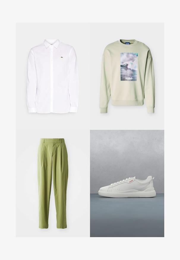 Sudadera beige claro con un gran gráfico rectangular de una ola oceánica y el texto "HUGO" centrado en el frente, con puños y dobladillo acanalados.; Camisa blanca de manga larga hecha de algodón, que presenta un collar tipo button-down, un logo bordado verde en el lado izquierdo del pecho y puños rectos.; Pantalones verdes claros hechos de una tela texturizada, con una forma recta, pliegues en la parte frontal y una cinturilla estándar.; Zapatilla blanca con un acabado de cuero liso, punta redonda, cuatro ojales, perforaciones sutiles y un detalle de logo rojo en el lateral.