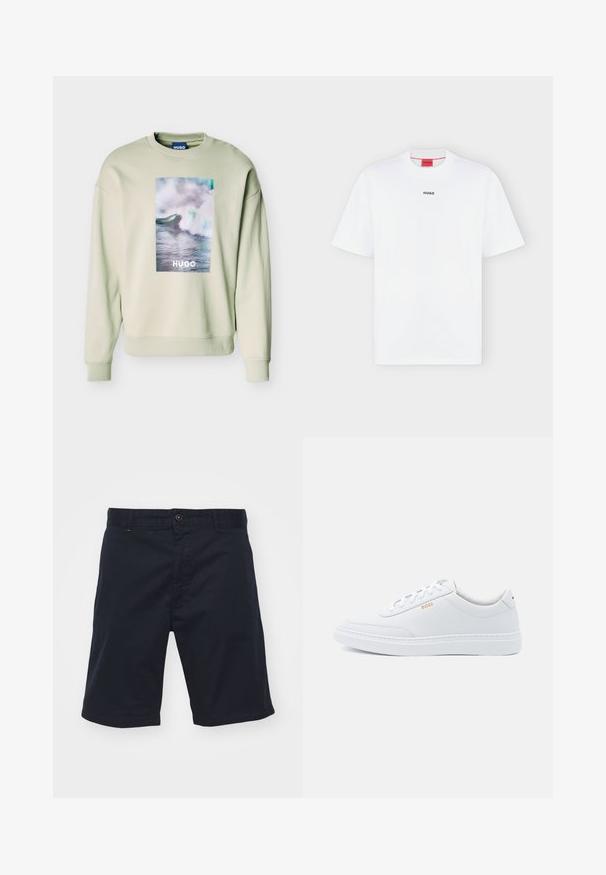 Lysebeige sweatshirt med en stor rektangulær grafik af en havbølge og teksten "HUGO" centreret på forsiden, med ribstrikkede manchetter og kant.; Hvid T-shirt med korte ærmer med lille sort "HUGO" logo centreret på brystet og et rødt mærke inde i kraven.; Mørkeblå bomuldsshorts med knaplukning, lige snit og forlommer. Har en glat overflade og enkelt design.; Hvide lædersneakers med glat tekstur, rund tå og ton-i-ton syning. Har blå snørebånd og et gult logo på siden.