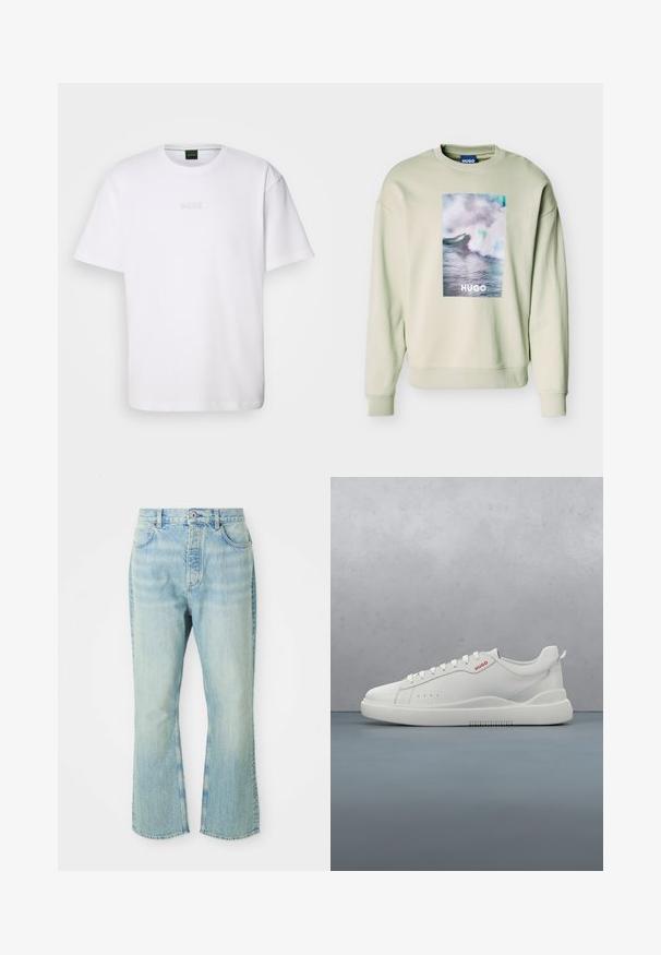 Sudadera beige claro con un gran gráfico rectangular de una ola oceánica y el texto "HUGO" centrado en el frente, con puños y dobladillo acanalados.; Camiseta de algodón blanca de manga corta, con escote redondo y logotipo grabado de "BOSS" en el pecho. Textura suave, ajuste estándar.; Jeans de mezclilla de color azul claro, acampanados y de cintura alta, con cinco bolsillos, trabillas para el cinturón y un acabado desgastado.; Zapatilla blanca con un acabado de cuero liso, punta redonda, cuatro ojales, perforaciones sutiles y un detalle de logo rojo en el lateral.