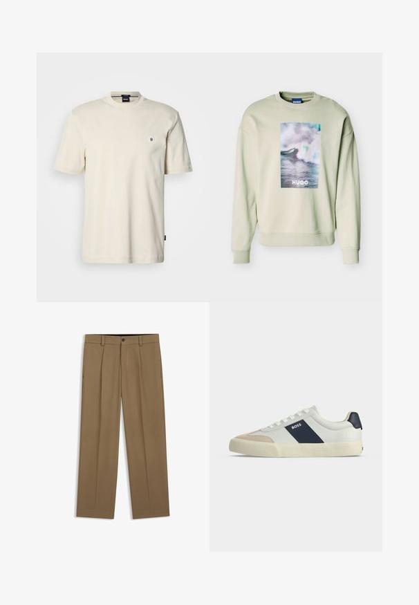 Sweatshirt beige clair avec un grand graphique rectangulaire de vague océanique et le texte "HUGO" centré sur le devant, poignets et ourlet côtelés.; T-shirt à manches courtes et col rond en coton beige clair. Présente un petit logo rond sur la poitrine et un ourlet droit.; Pantalon droit marron avec passants de ceinture, bouton sur le devant et fermeture éclair, présenté à plat sur fond blanc.; Baskets basses blanches avec bout beige, bande latérale bleu marine marquée BOSS, lacets blancs et semelle en caoutchouc sur fond neutre.