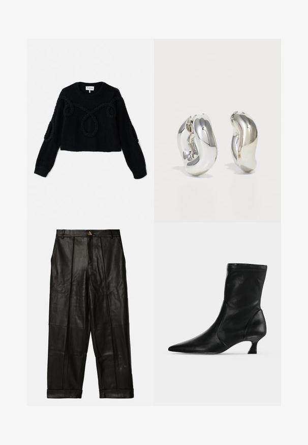 Schwarzer gestrickter Pullover mit einem verkürzten Design, strukturiertem Stoff und geflochtenen Akzenten an der Vorderseite und den Ärmeln.; AERON ZIMA PANTS - Lederhose - black; Schwarzer Leder-Stiefel bis zur Mitte der Wade mit spitzer Schuhspitze und niedrigem Kittenabsatz, seitlich auf hellem einfarbigem Hintergrund gezeigt.; Silberne skulpturale Ohrringe mit glatten, geschwungenen Formen und reflektierenden Oberflächen. Sie verfügen über ein geschlossenes Ringdesign und eine ausgeprägte organische Form.