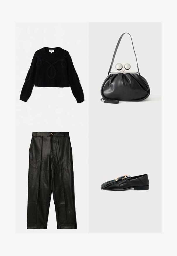 Jersey negro de punto con un diseño corto, tejido texturizado y detalles trenzados en la parte delantera y las mangas.; AERON ZIMA PANTS - Pantalón de cuero - black; Mocasín negro de cuero con punta afilada, detalle de flecos y adornos de bolas y anillos dorados sobre un fondo liso.; Bolso de mano de cuero negro con diseño fruncido, una sola correa, marco metálico plateado y dos cierres grandes redondos de plata.