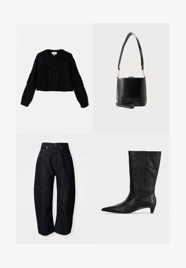 Strikket sort sweater med en cropped design, struktureret stof og flettede detaljer på forsiden og ærmerne.; Mørke denim jeans med en afslappet pasform, der har diskret orange syninger, forlommer og en flad talje med en knaplukning.; Sort læderstøvle midt på læggen med spids tå og lav kittenhæl vist i sideprofil på grå baggrund.; Sort læder pung med bred justerbar skulderrem og aftagelig håndledsrem på lys grå baggrund.
