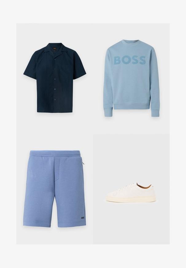 Sweat-shirt bleu clair à col rond avec manches longues et le mot "BOSS" imprimé sur la poitrine dans une teinte légèrement plus foncée.; Chemise homme bleu marine à manches courtes avec boutons, rayures verticales subtiles et une poche poitrine.; Shorts pour hommes bleu clair arrivant au genou, coupe droite, taille élastique, poches latérales et petit logo noir "BOSS" près de l'ourlet.; Baskets blanches basses avec un design à lacets, des détails de couture minimalistes, et une semelle couleur crème sur un fond gris clair.