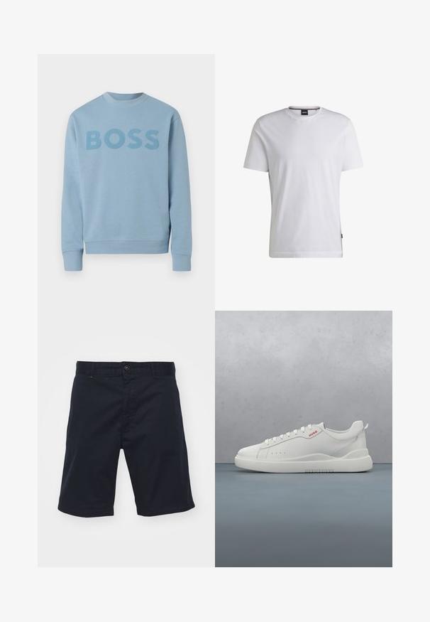 Lyseblå crewneck-sweatshirt med lange ærmer og ordet "BOSS" trykt på tværs af brystet i en lidt mørkere nuance.; Hvid T-shirt med korte ærmer lavet af bomuld. Har en rund hals og et diskret mærke på siden. Glat tekstur og enkelt design.; Mørkeblå bomuldsshorts med knaplukning, lige snit og forlommer. Har en glat overflade og enkelt design.; Hvide sneakers med en glat læderfinish, rund tå, fire snørehuller, subtile perforeringer og en rød logo detalje på siden.