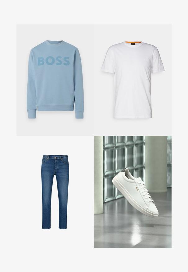 Hellblaues Sweatshirt mit Rundhalsausschnitt und langen Ärmeln, mit dem Wort "BOSS" in einem etwas dunkleren Farbton quer über die Brust gedruckt.; Weißes Baumwoll-T-Shirt mit Rundhalsausschnitt, kurzen Ärmeln und einem dezenten geprägten Logo auf der Brust. Das Innenschild hat einen orangefarbenen Akzent.; Blaue Denim-Jeans mit geradem Schnitt, ausgestattet mit fünf Taschen, Gürtelschlaufen und einem Knopfverschluss. Leichte Abnutzungsspuren und kontrastierende Nähte.; Weißer Leder-Low-Top-Sneaker mit Schnürsenkeln, schwarzer Fersenschlaufe und „BOSS“-Logo, der drinnen nahe einer Glassteinwand und einem polierten Boden schwebt.