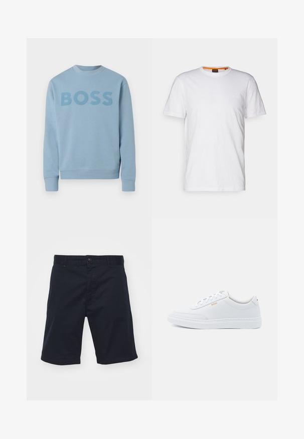 Sweat-shirt bleu clair à col rond avec manches longues et le mot "BOSS" imprimé sur la poitrine dans une teinte légèrement plus foncée.; T-shirt en coton blanc avec un col rond, des manches courtes et un logo en relief subtil sur la poitrine. L'étiquette intérieure a une touche d'orange.; Shorts en coton bleu marine avec une fermeture à bouton, coupe droite et poches avant. Présente une texture lisse et un design simple.; Baskets blanches en cuir avec une texture lisse, bout rond et coutures tonales. Possède des lacets bleus et un logo doré sur le côté.