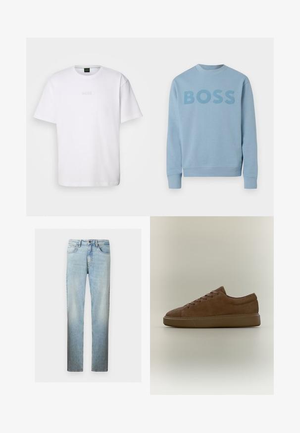 Sudadera de cuello redondo en azul claro, con mangas largas y la palabra "BOSS" impresa en el pecho en un tono ligeramente más oscuro.; Camiseta de algodón blanca de manga corta, con escote redondo y logotipo grabado de "BOSS" en el pecho. Textura suave, ajuste estándar.; Vaqueros de mezclilla azul claro con pierna recta, diseño clásico de cinco bolsillos y cierre frontal con botón.; Zapatilla baja de ante marrón con cordones y suela de goma gruesa, presentada en perfil lateral sobre un fondo neutro.