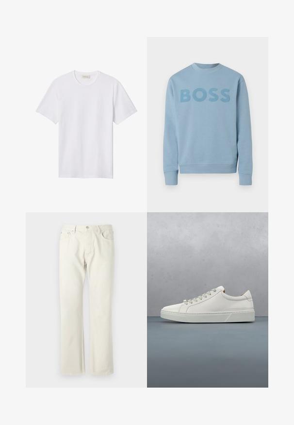 Lichtblauwe crewneck sweater met lange mouwen en het woord "BOSS" gedrukt over de borst in een iets donkerdere tint.; Effen wit T-shirt met korte mouwen en ronde hals, met een klein reliëflogo op de linkerborst en een merklabel binnenin de kraag.; Lichtbeige rechtgesneden jeans gemaakt van katoen denim. Voorzien van zakken, een klassieke knoopsluiting en een subtiele textuur zonder patronen.; Witte leren sneaker met een ronde neus, minimalistisch ontwerp, grijze veters en een gestructureerde grijze rubberen zool. Fijne stikdetails zichtbaar.