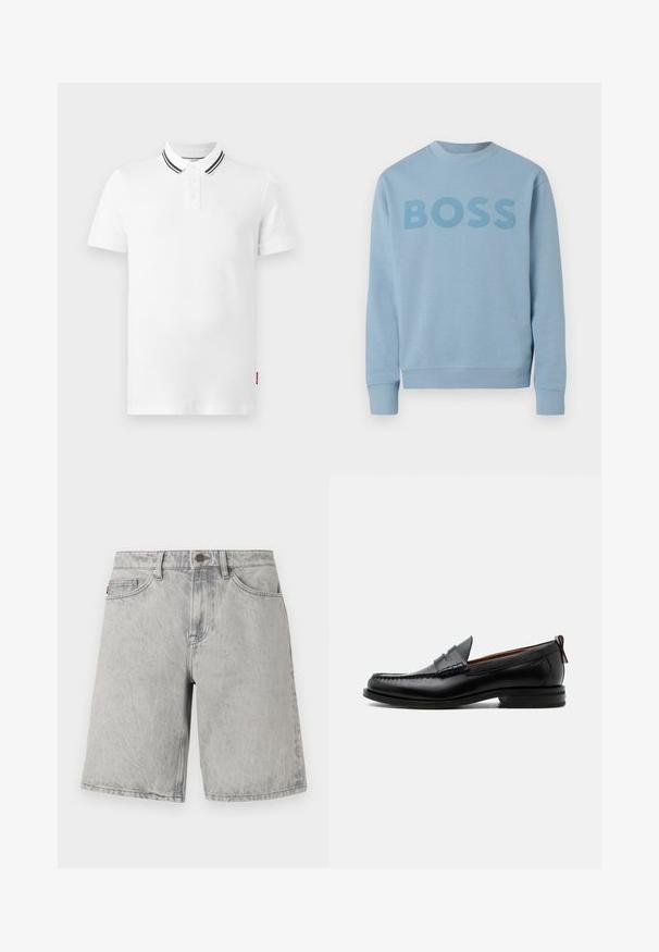 Sweat-shirt bleu clair à col rond avec manches longues et le mot "BOSS" imprimé sur la poitrine dans une teinte légèrement plus foncée.; Polo blanc à manches courtes avec patte à deux boutons et double rayures noires sur le col, présenté sur un fond gris clair.; Shorts en jean gris clair avec fermeture par bouton et fermeture éclair, passants pour ceinture et poches avant, présentés sur un fond blanc.; Mocassin homme en cuir noir avec couture moc toe, bride penny, col texturé et petit talon empilé sur fond blanc.