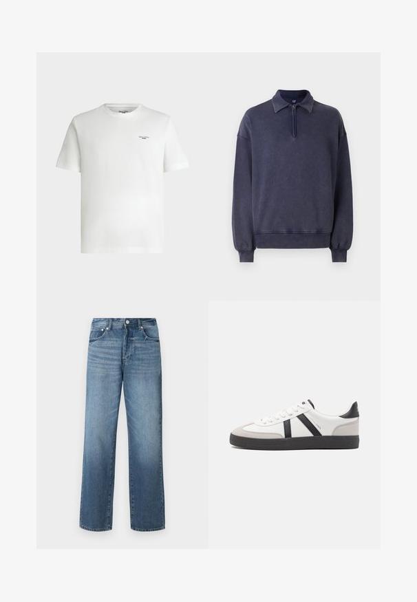 Marineblå sweatshirt med halv-zip krave, afslappet pasform og ribbede manchetter. Lavet af blødt materiale med en tekstureret overflade.; Hvid kortærmet t-shirt med rund hals og lille sort tekstlogo "Marc O'Polo DENIM" på øverste venstre bryst.; Blå denimjeans med lige ben, med en falmet vask, bælteløkker, fem lommer og en klassisk knaplukning.; Hvide sneakers med sorte og grå detaljer, med en tekstureret grå tåhætte, sort gummisål og flade hvide snørebånd. Rent design, minimalistisk stil.