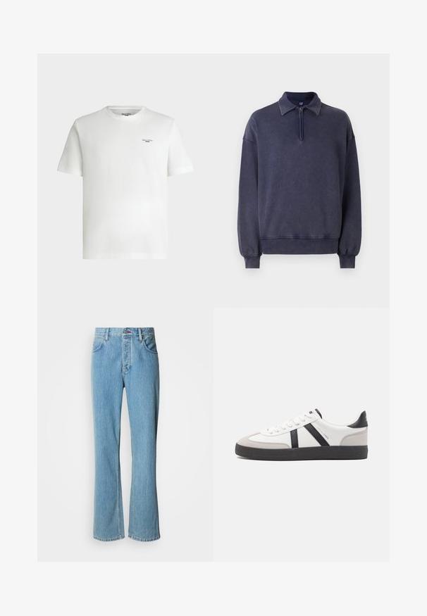 Sudadera azul navy con cuello semi-cremalleras, corte relajado y puños acanalados. Fabricada con material suave y con un acabado texturizado.; Camiseta blanca de manga corta con cuello redondo y pequeño logotipo de texto negro «Marc O'Polo DENIM» en la parte superior izquierda del pecho.; Pantalones vaqueros acampanados de mezclilla azul claro con talle alto, rayas verticales y diseño de cinco bolsillos con cierre frontal de botones.; Zapatilla blanca con acentos en negro y gris, que presenta una puntera texturizada en gris, suela de goma negra y cordones planos blancos. Diseño limpio, estilo minimalista.