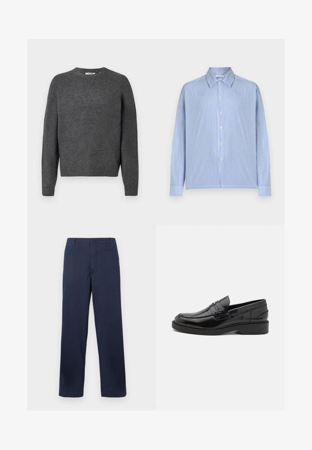 Mørkegrå sweater lavet af blødt strikkemateriale, med rund hals, lange ærmer og ribkant ved bund og ærmer. Enkel design, uden mønstre.; Langærmet skjorte med lodrette lyseblå og hvide striber, knapper foran og spids krave, vist mod en ensfarvet baggrund.; Mørkeblå bomuldsbukser med lige ben-design, der har en frontlukning med knap, bæltestropper og en glat tekstur.; Sorte læder loafers med en glat finish, rund tå, lav hæl og dekorativ syning langs forsiden. Gummisål for godt greb.