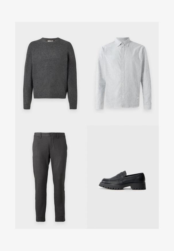 Pull gris foncé en tricot doux, avec un col rond, des manches longues et des bords côtes au niveau de l'ourlet et des poignets. Design uni, sans motifs.; Chemise à rayures bleu clair et blanche, dotée d'un col classique, de manches longues et d'une coupe régulière avec une texture de tissu lisse.; Only & Sons ONSMARK Slim Fit - Chino - coffee bean; Mocassins en cuir noir avec un bout arrondi, présentant une sangle décorative et une semelle en caoutchouc épaisse avec de profonds crampons pour une meilleure adhérence.