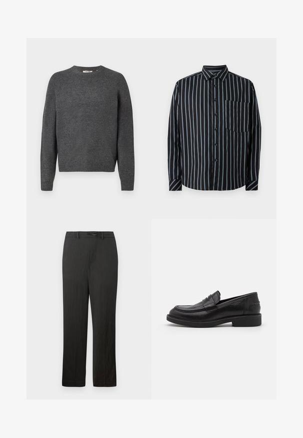 Pull gris foncé en tricot doux, avec un col rond, des manches longues et des bords côtes au niveau de l'ourlet et des poignets. Design uni, sans motifs.; Chemise noire à boutons avec des rayures verticales bleues, manches longues, col et poche poitrine. Tissu lisse, coupe décontractée, boutons standard.; Pantalons noirs à jambes droites avec une texture lisse, dotés d'une taille à cordon de serrage et d'un tissu léger et discret.; Mocassins en cuir noir avec un bout arrondi, des coutures ton sur ton et un détail de sangle à l'avant. Semelle en caoutchouc avec un petit talon.
