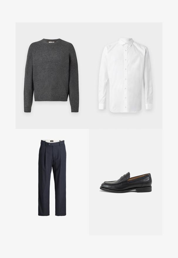 Suéter gris oscuro hecho de un suave material de punto, con cuello redondo, mangas largas y dobladillo y puños acanalados. Diseño liso, sin patrones.; Camisa blanca de manga larga, tipo botón, con cuello clásico, placket frontal con botones y una textura de algodón suave.; Pantalones formales de raya diplomática azul marino con presillas para cinturón, pinzas delanteras y cierre de botón en la pretina.; Mocasín de hombre de cuero negro con detalles cosidos, tacón bajo apilado y una correa estrecha en la parte superior, mostrado de lado sobre un fondo blanco.