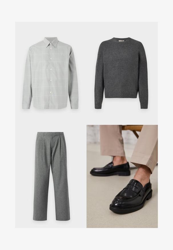 Donkergrijze trui gemaakt van zachte breimaterialen, met een ronde hals, lange mouwen en geribde onderrand en mouwen. Eenvoudig ontwerp, geen patronen.; Grijze lange mouwen shirt met een licht geruit patroon, knopen aan de voorkant, puntige kraag en een gladde stofstructuur.; Grijze, rechte broek van gestructureerde stof, met plooien aan de voorkant en een basic tailleband, zonder zichtbare zakken.; Zwarte leren loafers met een gladde afwerking, voorzien van een decoratieve band en contrasterende stiksels, gecombineerd met beige broeken.
