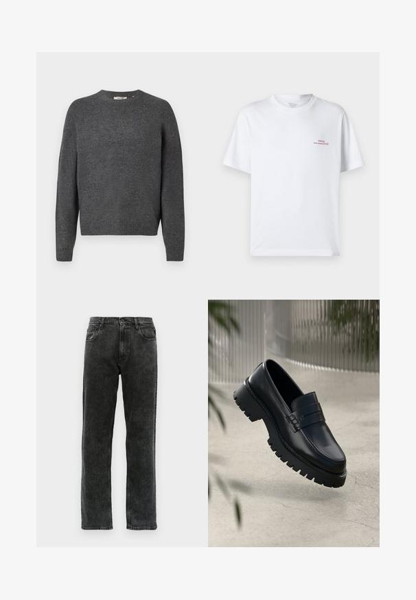Dunkelgrauer Pullover aus weichem Strickmaterial, mit Rundhalsausschnitt, langen Ärmeln und geripptem Saum sowie Bündchen. Schlichte Gestaltung, ohne Muster.; Weißes Baumwoll-T-Shirt mit kurzen Ärmeln, rundem Ausschnitt und kleinem roten Schriftzug auf der oberen linken Seite. Weiche Textur und lockere Passform.; Schwarze Denim-Jeans mit geradem Schnitt, fünf Taschen, Knopfverschluss und dezentem Verblassen des Stoffs.; Schwarze Lederloafer mit einer robusten profilierten Sohle, ausgestattet mit einem dekorativen Riemen und einer Stichdetail. Glatte Textur mit einem polierten Finish.
