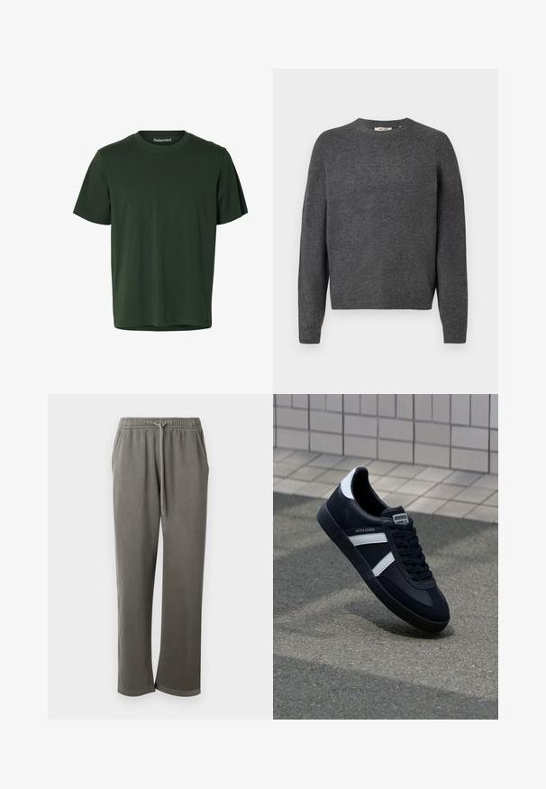 Dunkelgrauer Pullover aus weichem Strickmaterial, mit Rundhalsausschnitt, langen Ärmeln und geripptem Saum sowie Bündchen. Schlichte Gestaltung, ohne Muster.; Dunkelgrünes T-Shirt mit kurzen Ärmeln und Rundhalsausschnitt aus glattem Stoff mit geradem Saum.; Graue Baumwoll-Sweatpants mit elastischem Bund und Kordelzug, seitlichen Taschen und einer lockeren Passform über die Beine.; Schwarze Leder-Sneaker mit weißen Streifen, strukturiertem Gummisohle und Schnürung. Verfügt über ein Markenetikett auf der Zunge.