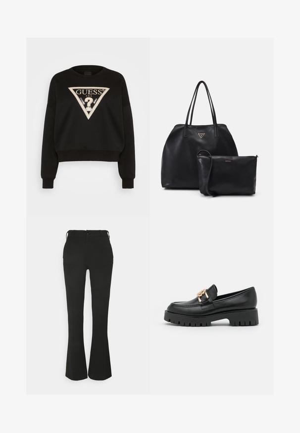 Sweatshirt noir avec un design court, présentant un logo triangulaire en beige avec des accents métalliques. Manches et ourlet côtelés, fabriqué en tissu doux.; LOIS Jeans Pantalon classique - black; Mocassin en cuir noir avec une semelle épaisse et un accent en métal doré ; présente un bout arrondi et des détails cousus le long de l'empeigne.; Grand sac fourre-tout noir en cuir texturé avec double poignées, arborant un logo en triangle doré. Comprend une pochette zippée assortie de taille plus petite.
