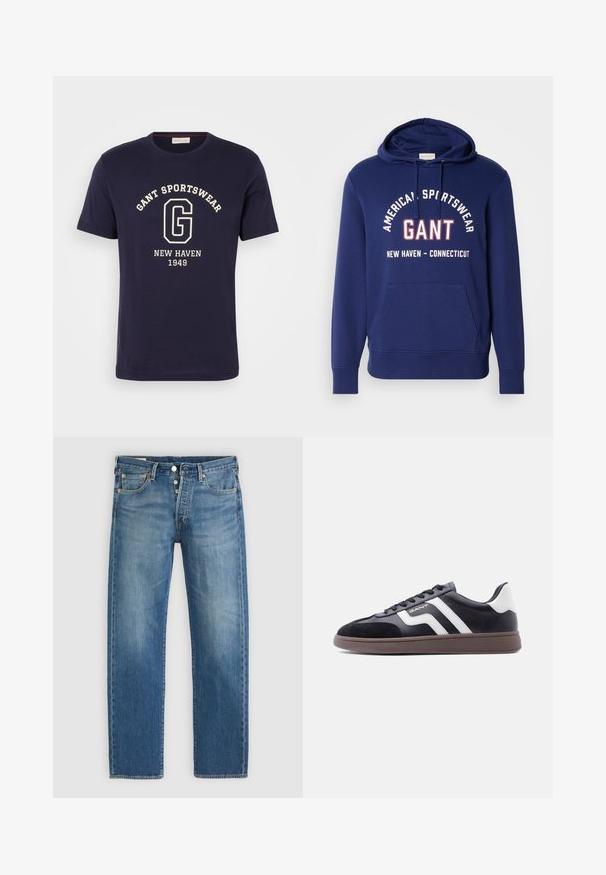 Navyblauer Kapuzenpullover mit Kordelzug, Fronttasche und fettem weißen und roten Text, der "GANT AMERICAN SPORTSWEAR NEW HAVEN - CONNECTICUT" liest.; Navy Baumwoll-T-Shirt mit einem weißen Grafikdruck, auf dem "GANT SPORTSWEAR", "NEW HAVEN" und "1949" steht. Rundhalsausschnitt und kurze Ärmel.; Jeans aus Denim in Hellblau mit geradem Schnitt, ausgestattet mit fünf Taschen, Metallknopfverschluss und kontrastierenden gelben Nähten.; Schwarze Sneaker aus Velours- und synthetischem Material mit weißen diagonalen Streifen und brauner, strukturierter Sohle. Verfügt über ein Schnürdesign und gepolsterten Kragen.