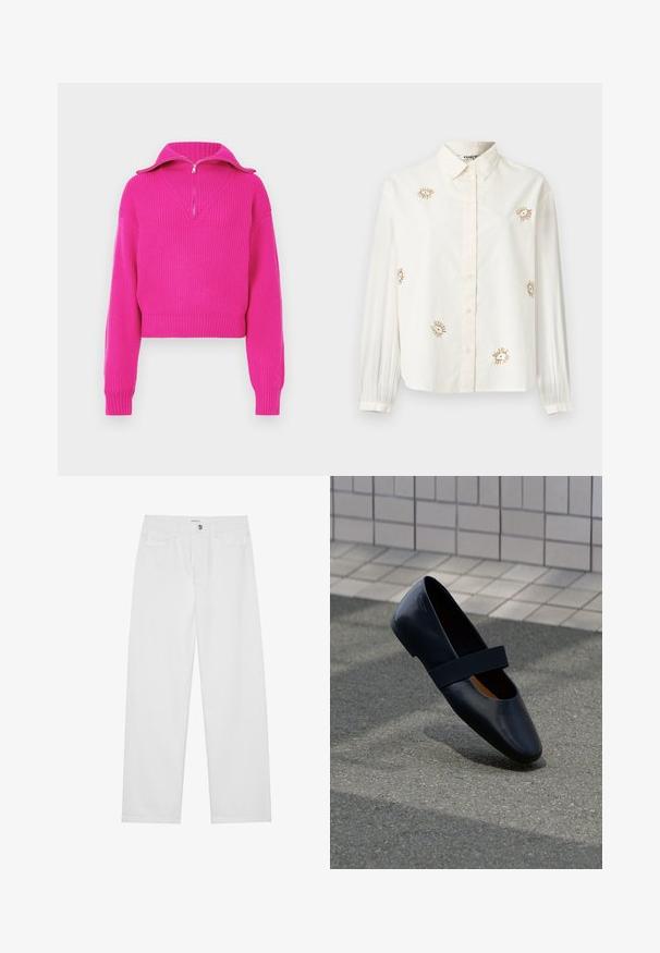 Fuchsia Kurzes Sweatshirt mit geripptem Material, ausgestattet mit einem Reißverschluss- Stehkragen und weiten Ärmeln, designed für einen lässigen Sitz.; Weißes Baumwollhemd mit Knöpfen, verziert mit goldener Sonnenstrahl-Stickerei und langen Ärmeln mit gerafften Manschetten. Klassischer Kragen.; Weiße Denim-Hosen mit lockerer Passform, Knopfverschluss, Front- und Gesäßtaschen sowie geradem Bein-Design. Flache Textur und keine Muster.; Schwarze Leder-Ballerina mit runder Zehenpartie, ausgestattet mit einem weichen schwarzen Elastikband über dem Vorderfuß. Glatte Textur und minimalistisches Design.