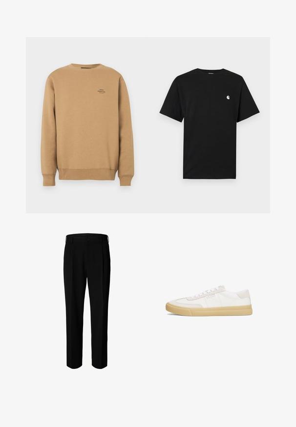 Beige collegepusero, jossa on ribbaus hihansuissa ja helmassa, vasemmalla rinta puolella pieni musta "Mads Nørgaard Copenhagen" -logo.; Musta lyhythihainen pyöreäkauluksinen T-paita, jossa vasemmalla rinnalla pieni valkoinen ja musta logo, yksiväristä vaaleaa taustaa vasten.; Mustat juhlapöksyt vyölenkeillä, edessä nappi ja vetoketjusuljin, valkoista taustaa vasten esitetty.; Valkoiset tennarit, jotka on valmistettu nahasta ja mokasta, varustettu nauhakiinnityksellä, vaaleanruskealla kumipohjalla ja pienellä logolla sivussa.