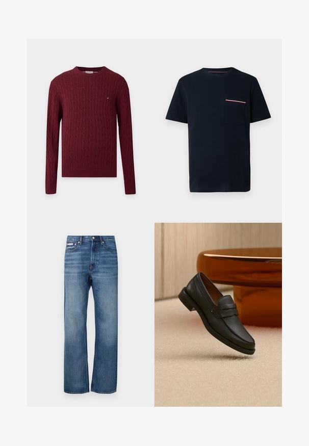 Bordeaux kabelstrikket crewneck sweater med lange ærmer og lille Tommy Hilfiger-logo på brystet.; Marineblå kortærmet t-shirt med brystlomme, der har en rød, hvid og blå stribet kant på lommekanten.; Blå lige ben denim jeans med let bleget effekt, frontlukning med knap og et lille logo mærke på den højre forlommer.; Sort læder herreloafer med bånd tværs over toppen, vist på beige tæppe nær et brunt moderne rundt bord.