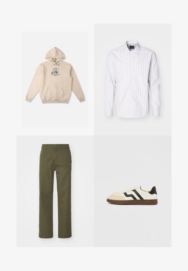 Sweat à capuche beige avec cordon de serrage, poche kangourou à l'avant et logo graphique représentant une voiturette de golf. Tissu en coton doux avec poignets côtelés.; Chemise blanche à boutons, avec des rayures verticales rouges, des manches longues, un col standard et une texture de tissu lisse.; Pantalon vert olive avec une coupe droite, fermeture à bouton et à zip, et poches latérales. Le tissu semble lisse avec une légère texture.; Baskets en cuir blanc avec bandes noires et embout en daim beige. Semelle en caoutchouc brun foncé. Lacets et col rembourré complètent le design.
