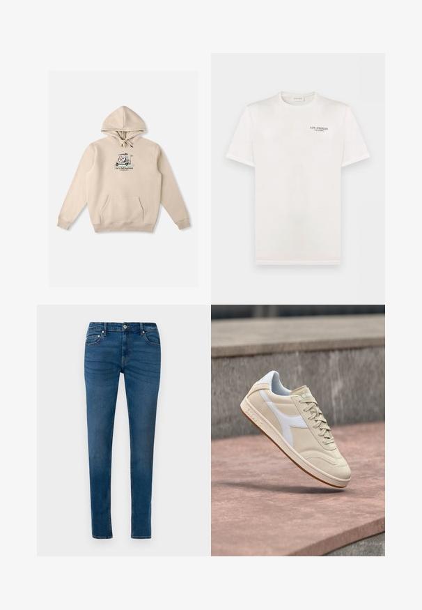Beige hættetrøje med snøre i hætten, frontlomme og grafisk logo med en golfvogn. Blødt bomuldsmateriale med ribstrikkede manchetter.; Hvid t-shirt med korte ærmer og rund halsudskæring med lille sort tekst "LOS ANGELES CALIFORNIA" på den øverste venstre bryst.; Blå denim skinny jeans med frontknaplukning, bæltestropper og for- samt baglommer, vist mod en hvid baggrund.; Beige sporty sneaker med hvide detaljer, lavet af ruskind og læder, flad gummisål og symmetrisk snørelukning. Enkel og funktionel form.