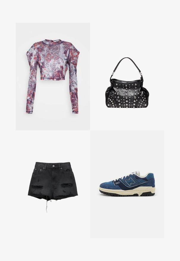 KOCHÉ Striktrøje - red/blue/white; Sorte denimshorts med frynset kant, slidte lapper, lukning med frontknap og design med fem lommer. Klassisk høj talje.; Blå ruskinds sneakers med kontrasterende marineblå paneler, hvide snørebånd og en tekstureret sort gummisål. Modellnummer "550" vist på siden.; Sort læderhåndtaske med enkelt håndtag, dekoreret med flere sølvnitter i forskellige størrelser på frontfladen.