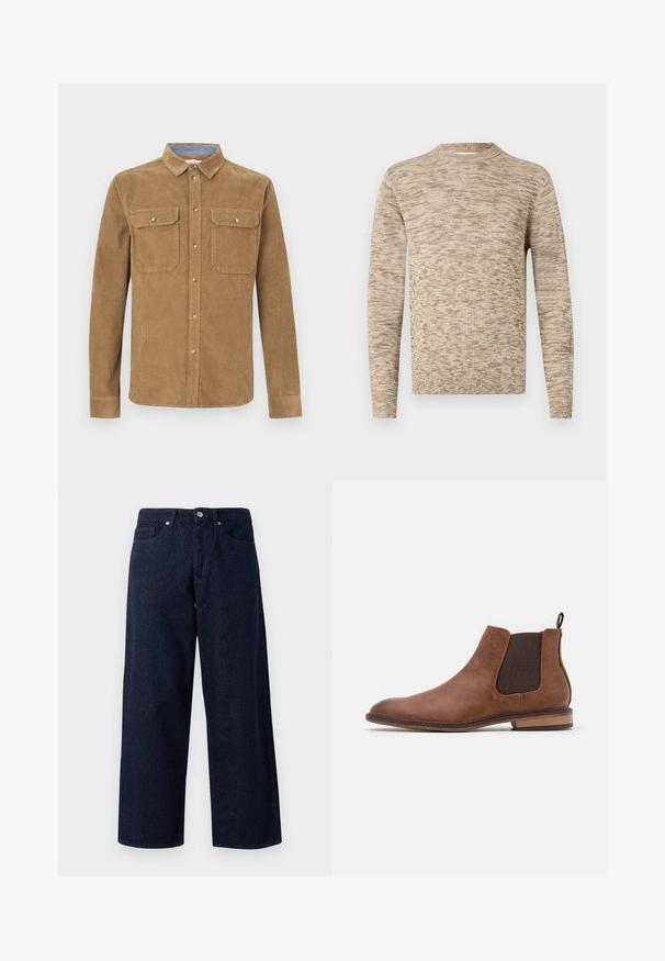 Pull en tricot marbré beige et marron clair avec des manches longues et un col rond côtelé, présenté sur un fond blanc.; Chemise en velours côtelé marron avec col à revers, deux poches poitrine et fermeture par boutons. Tissu texturé et manches longues avec poignets.; Jean large en denim bleu foncé avec fermeture à bouton, poches avant et texture subtile, avec des ourlets droits et une coupe décontractée.; Botte Chelsea en cuir marron avec des panneaux élastiques sur les côtés, bout arrondi et languette. Présente une finition texturée et un petit talon en bois.